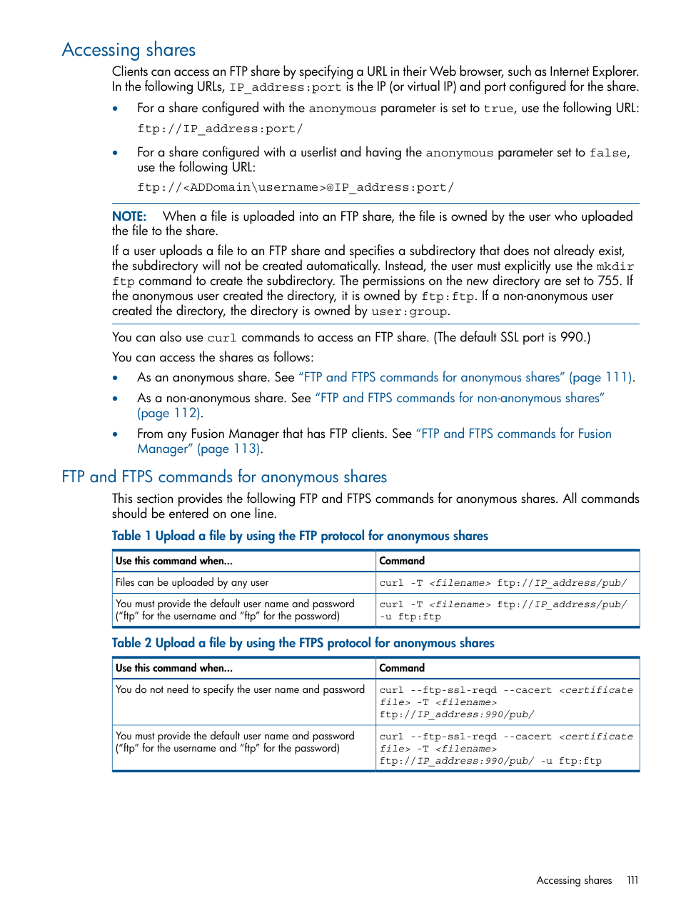 Accessing shares, Ftp and ftps commands for anonymous shares | HP StoreAll Storage User Manual | Page 111 / 294