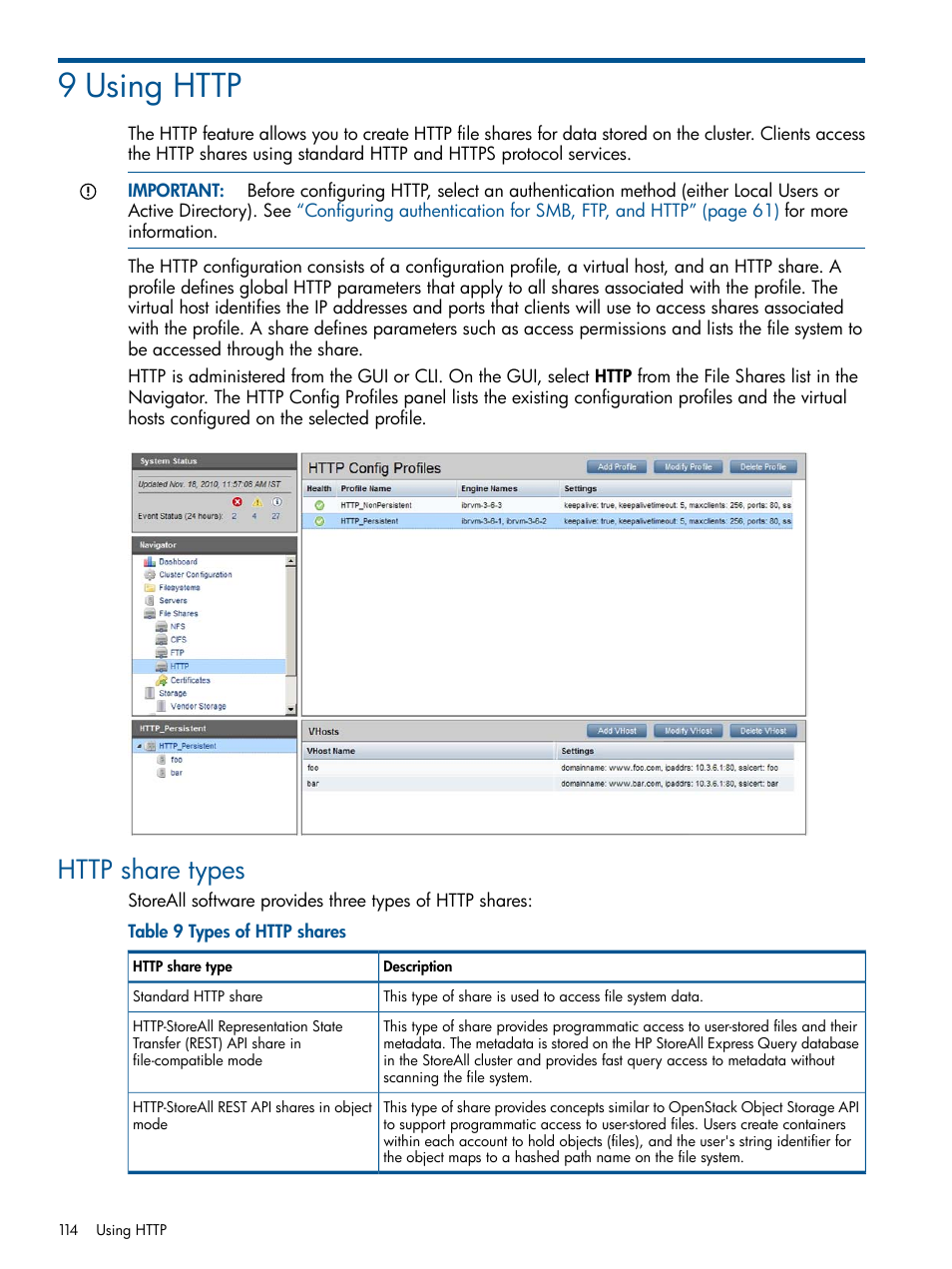 9 using http, Http share types | HP StoreAll Storage User Manual | Page 114 / 294