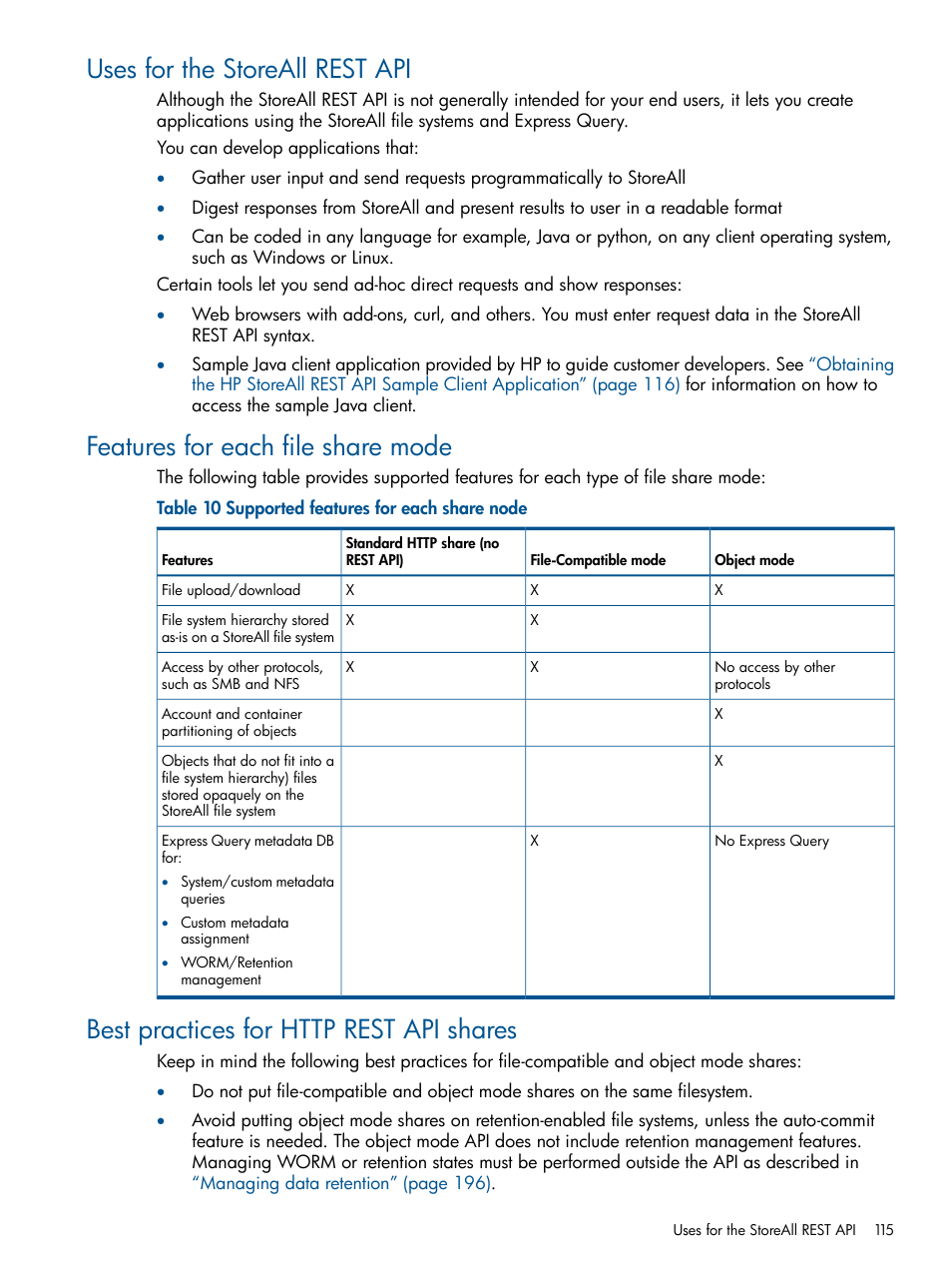 Uses for the storeall rest api, Features for each file share mode, Best practices for http rest api shares | HP StoreAll Storage User Manual | Page 115 / 294