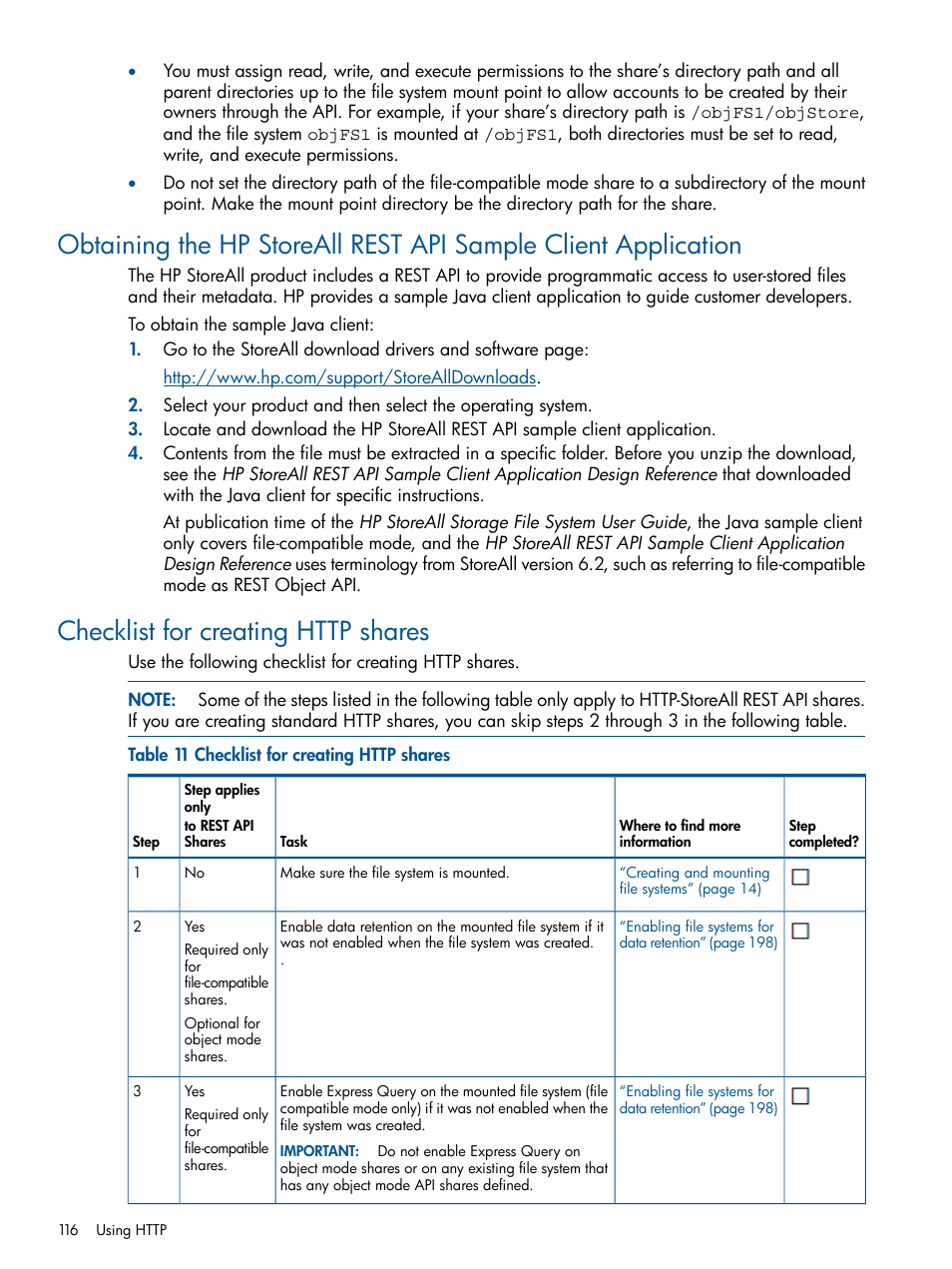 Checklist for creating http shares, Obtaining | HP StoreAll Storage User Manual | Page 116 / 294