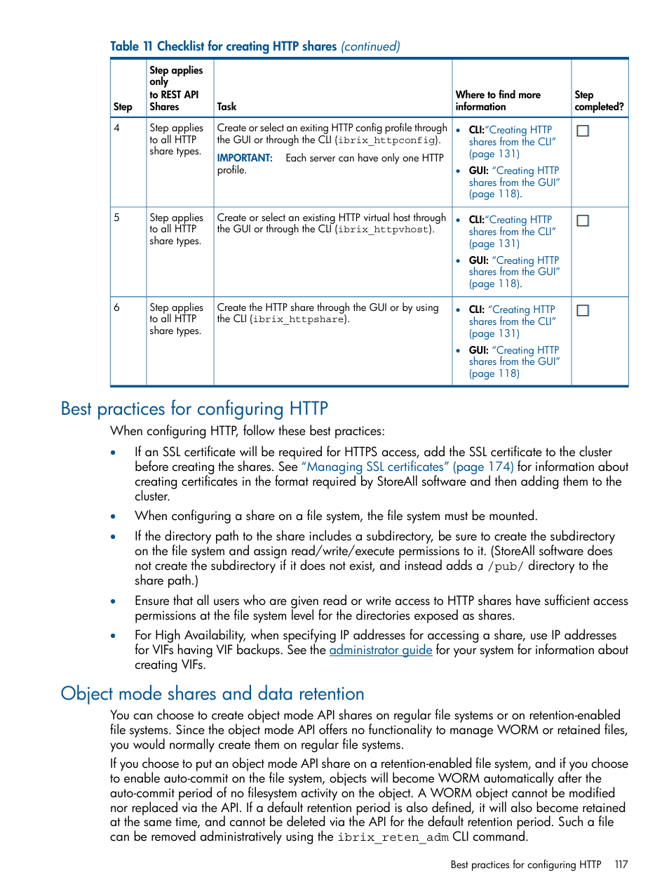 Best practices for configuring http, Object mode shares and data retention | HP StoreAll Storage User Manual | Page 117 / 294