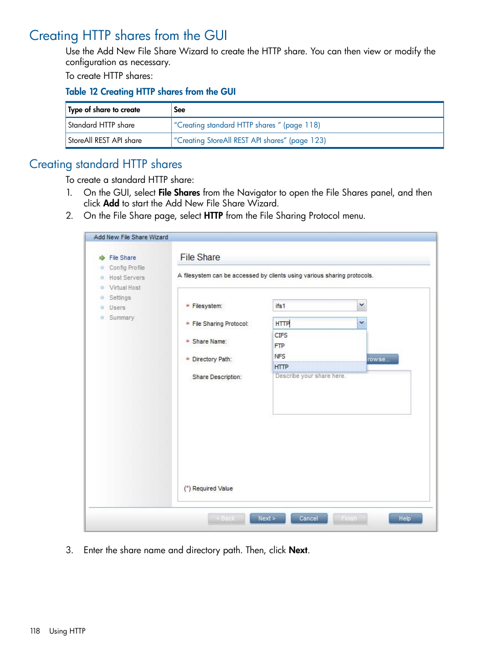 Creating http shares from the gui, Creating standard http shares, Creating http | HP StoreAll Storage User Manual | Page 118 / 294