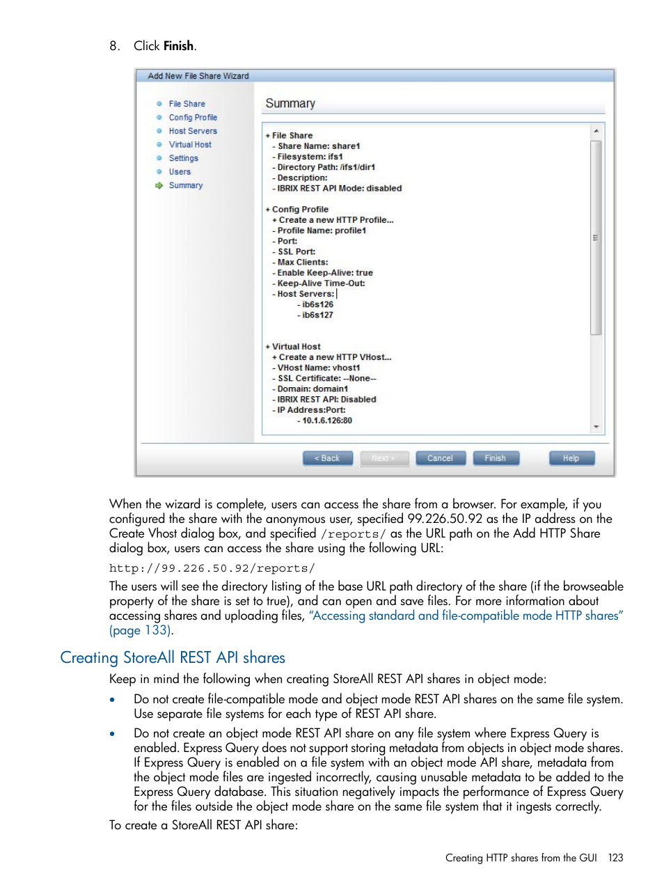 Creating storeall rest api shares | HP StoreAll Storage User Manual | Page 123 / 294
