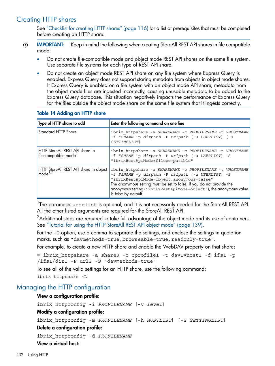 Creating http shares, Managing the http configuration | HP StoreAll Storage User Manual | Page 132 / 294