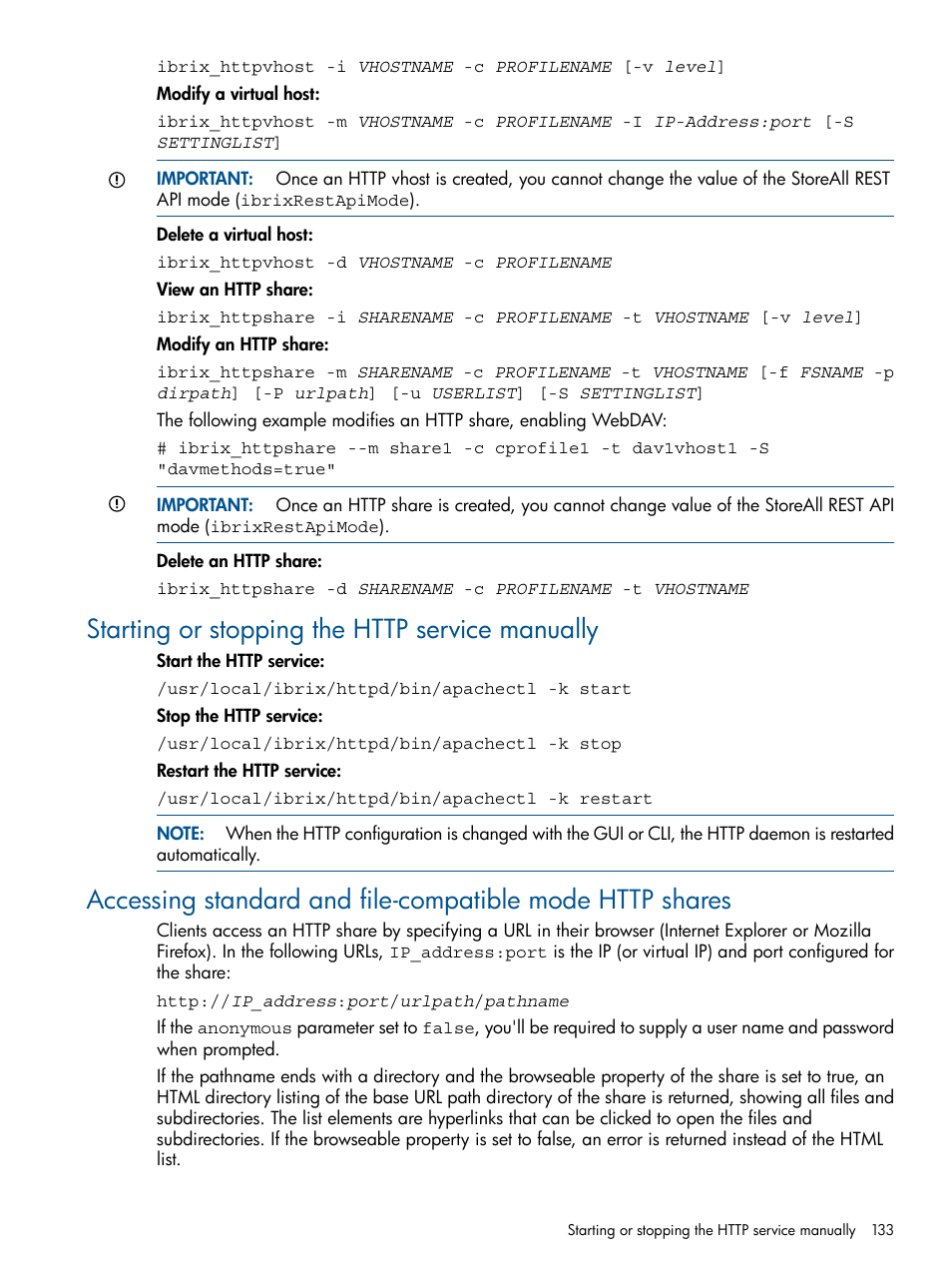 Starting or stopping the http service manually | HP StoreAll Storage User Manual | Page 133 / 294