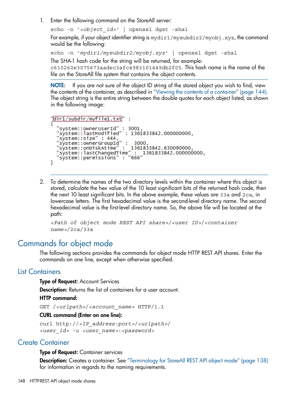 Commands for object mode, List containers, Create container | List containers create container | HP StoreAll Storage User Manual | Page 148 / 294