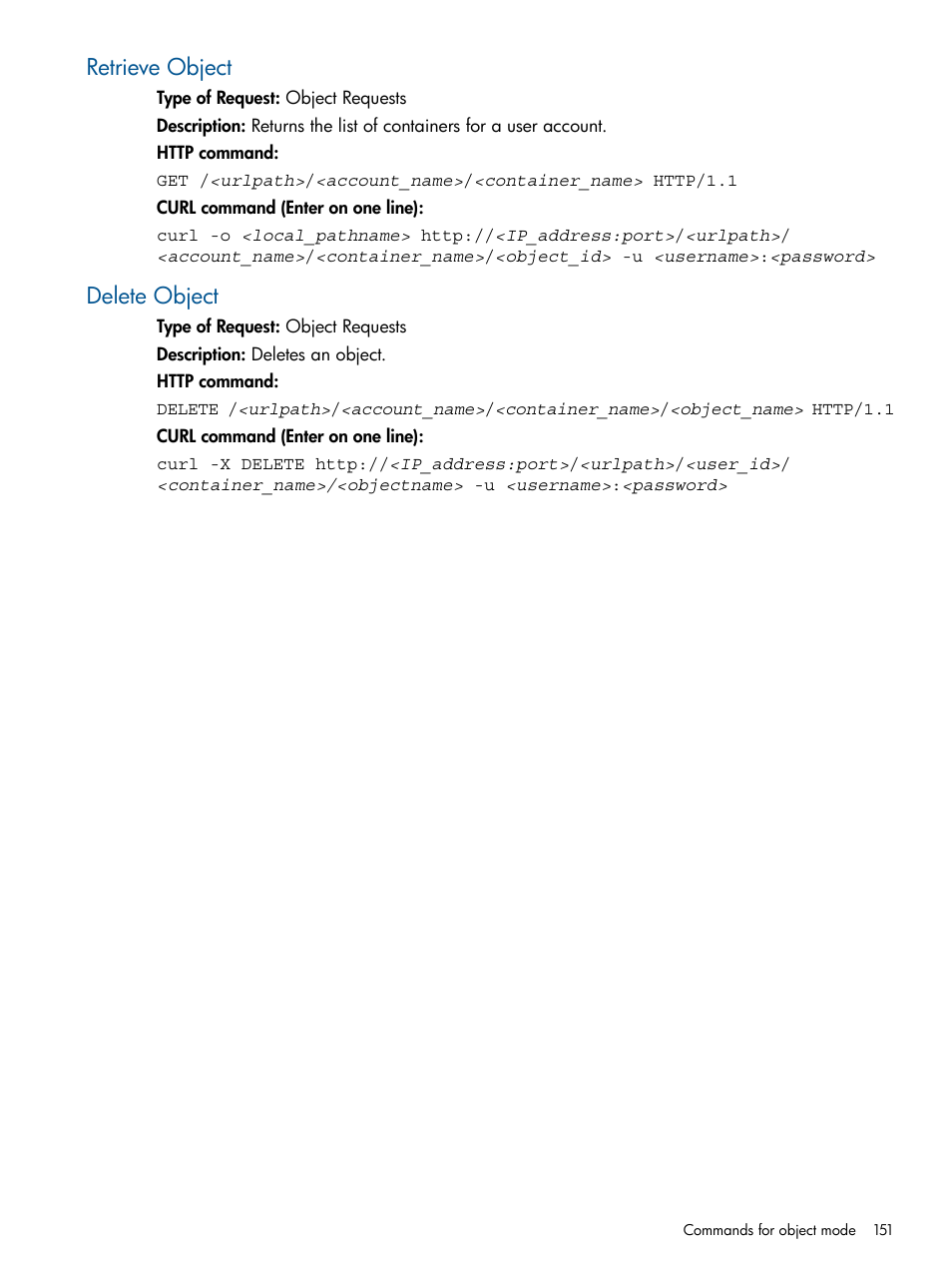 Retrieve object, Delete object, Retrieve object delete object | HP StoreAll Storage User Manual | Page 151 / 294