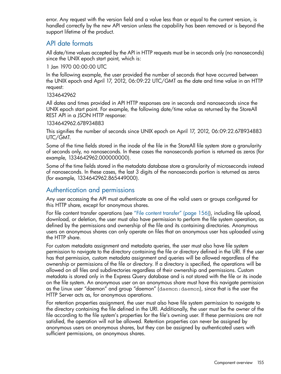 Api date formats, Authentication and permissions | HP StoreAll Storage User Manual | Page 155 / 294