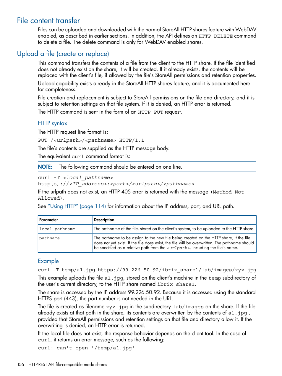 File content transfer, Upload a file (create or replace) | HP StoreAll Storage User Manual | Page 156 / 294