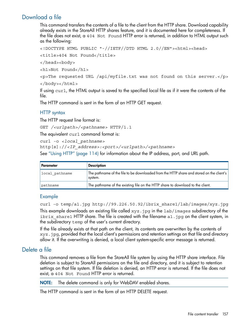 Download a file, Delete a file, Download a file delete a file | HP StoreAll Storage User Manual | Page 157 / 294