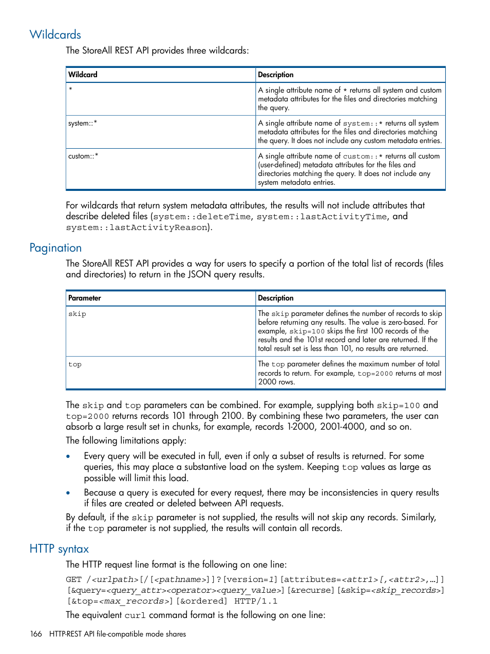 Wildcards, Http syntax, Pagination | HP StoreAll Storage User Manual | Page 166 / 294