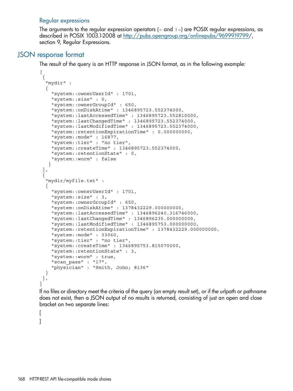 Json response format, Json | HP StoreAll Storage User Manual | Page 168 / 294