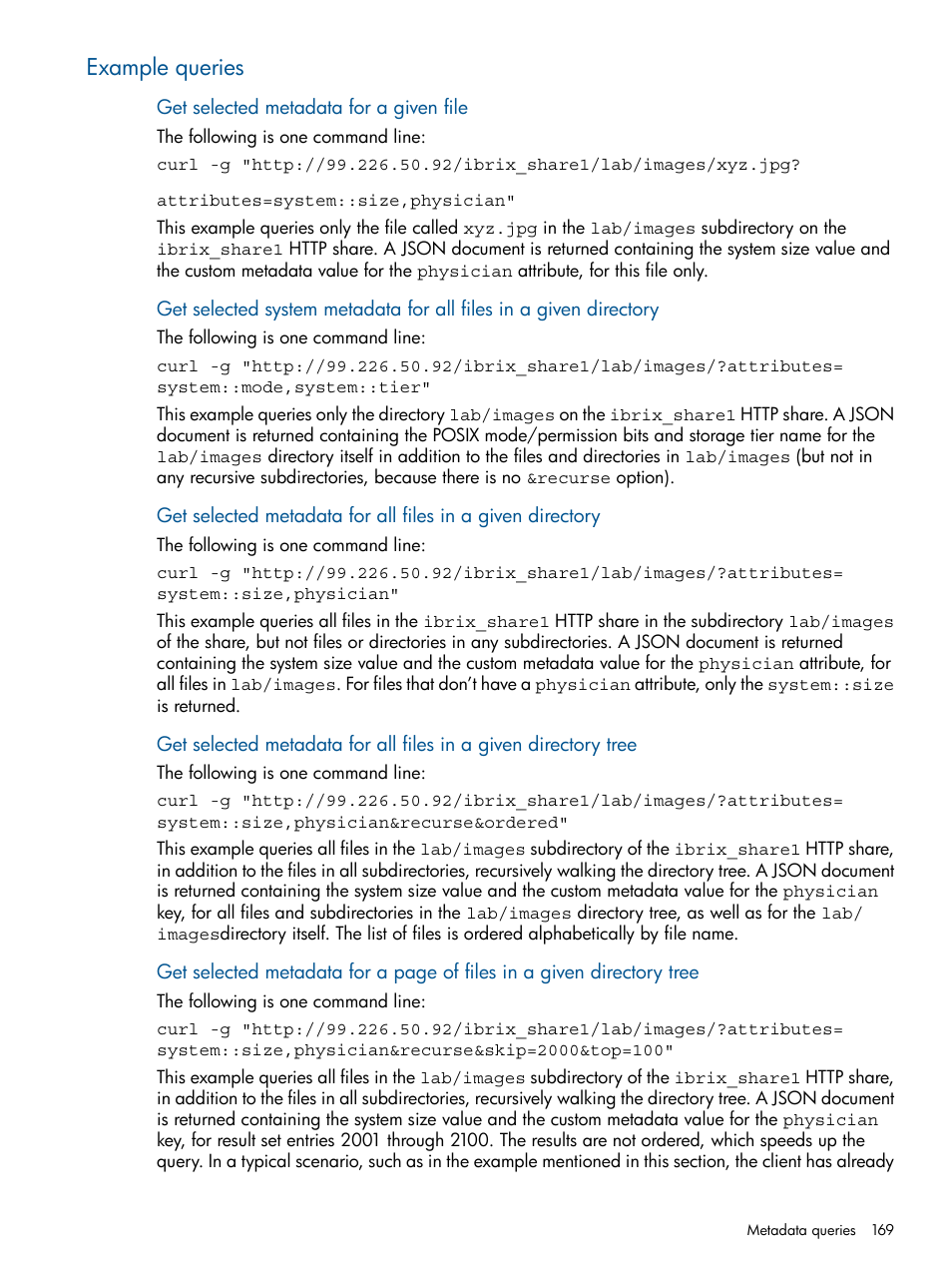 Example queries | HP StoreAll Storage User Manual | Page 169 / 294