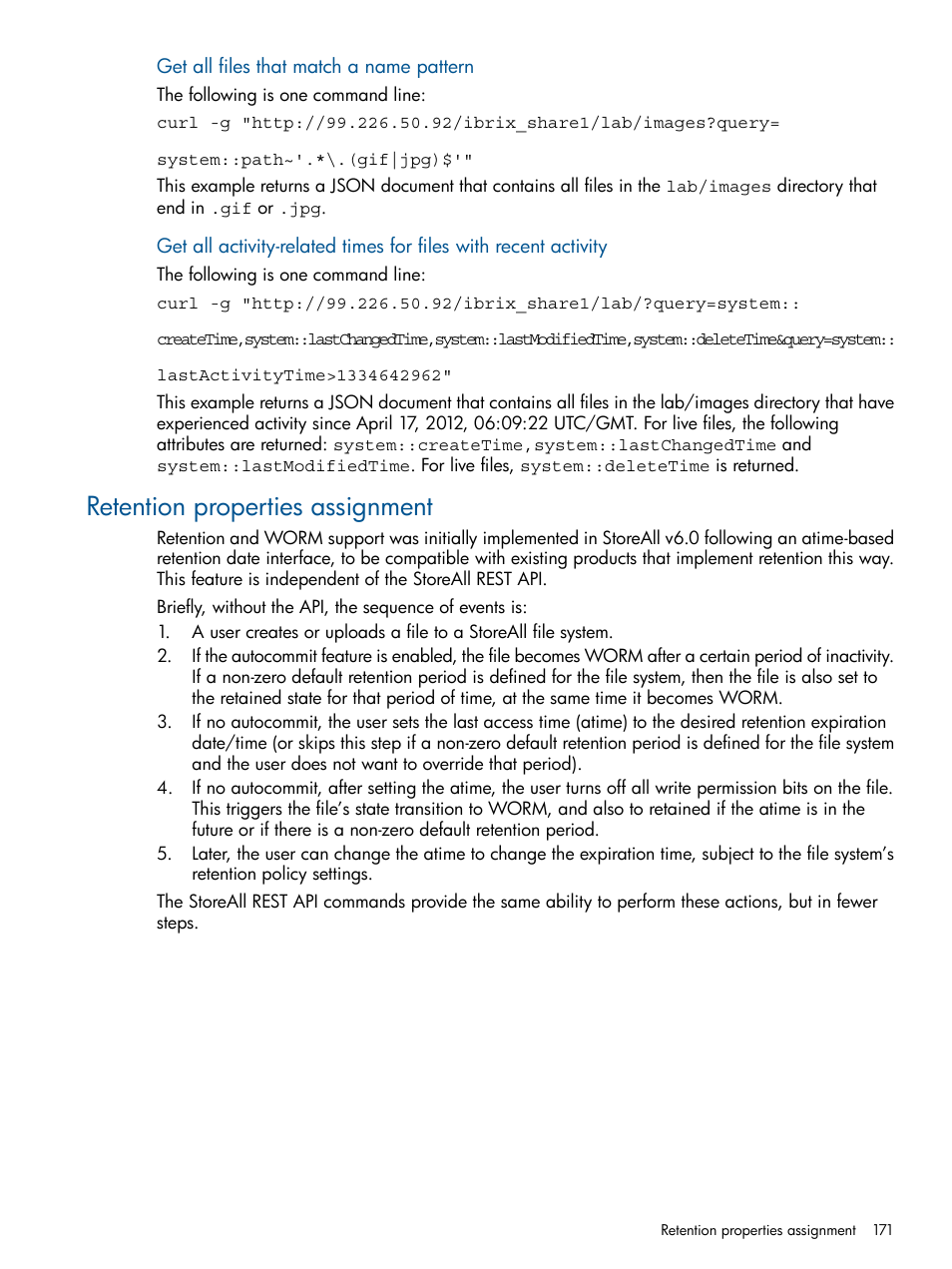 Retention properties assignment | HP StoreAll Storage User Manual | Page 171 / 294