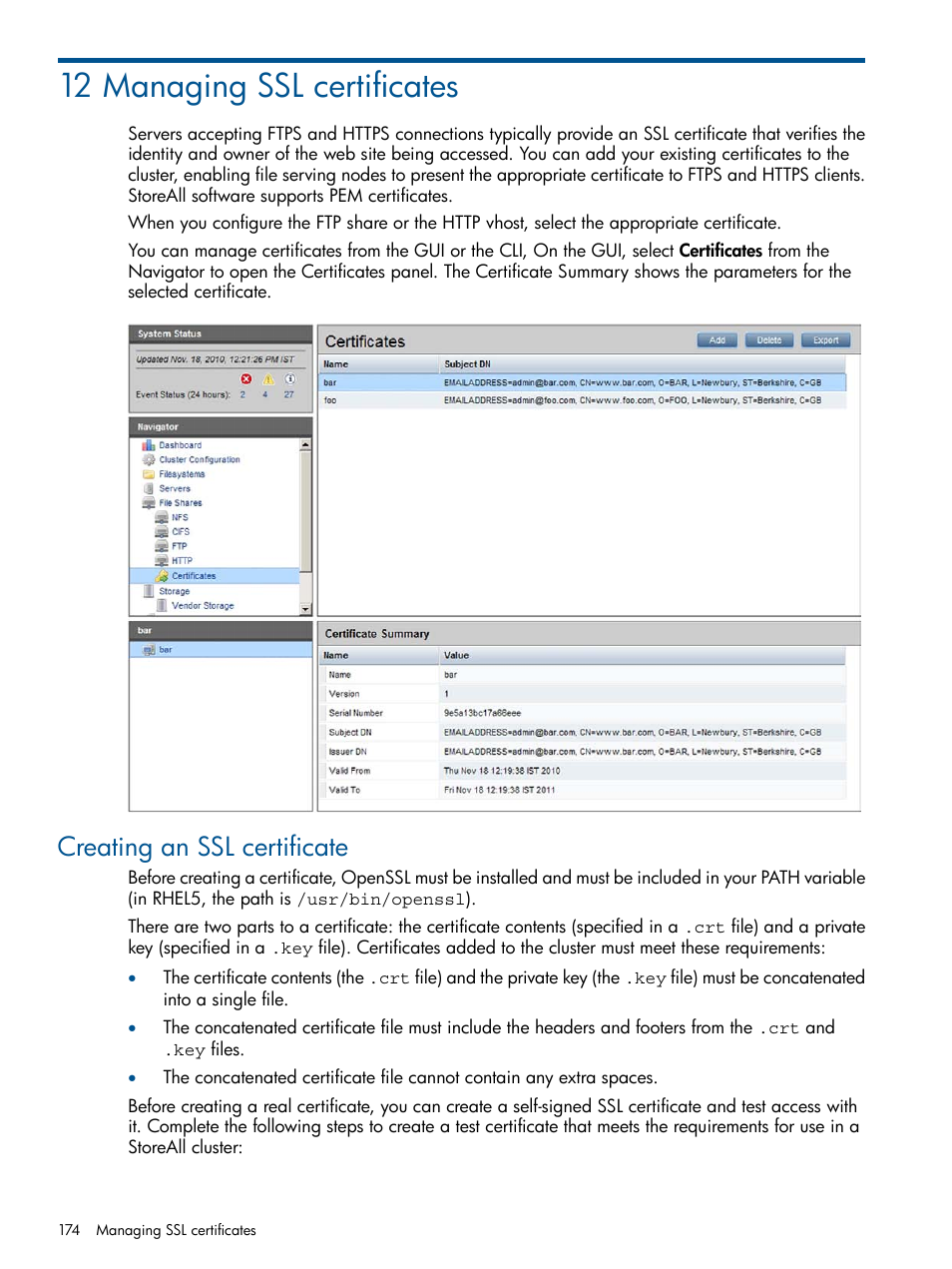 12 managing ssl certificates, Creating an ssl certificate | HP StoreAll Storage User Manual | Page 174 / 294