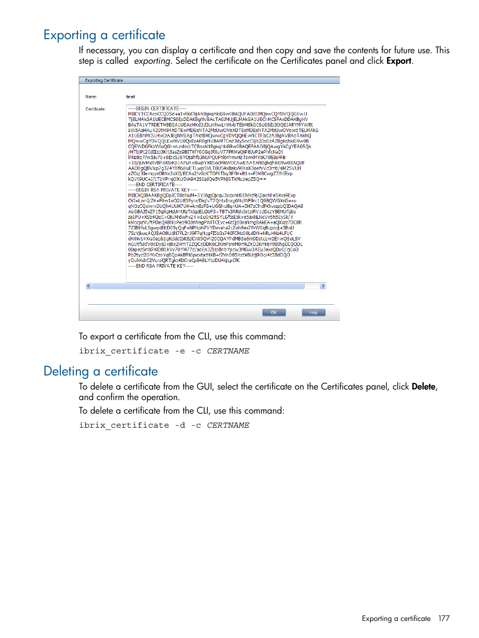 Exporting a certificate, Deleting a certificate, Exporting a certificate deleting a certificate | HP StoreAll Storage User Manual | Page 177 / 294