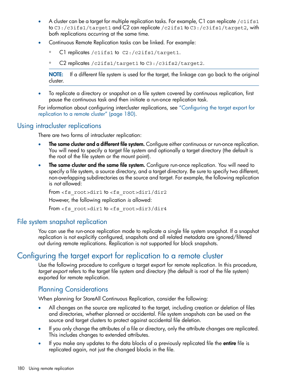 Using intracluster replications, File system snapshot replication, Planning considerations | HP StoreAll Storage User Manual | Page 180 / 294