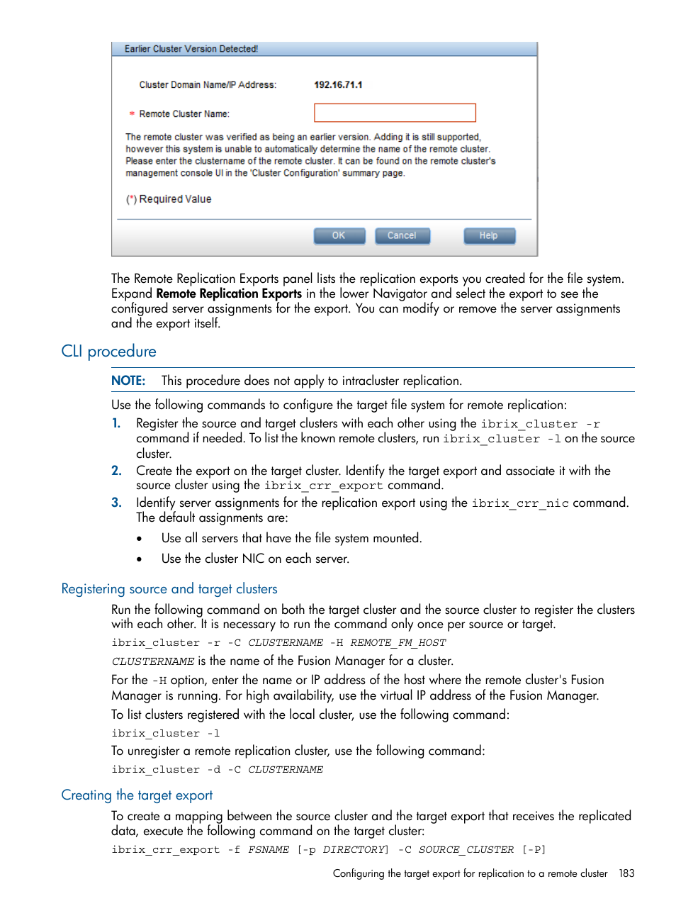 Cli procedure, Registering source and target clusters, Creating the target export | HP StoreAll Storage User Manual | Page 183 / 294