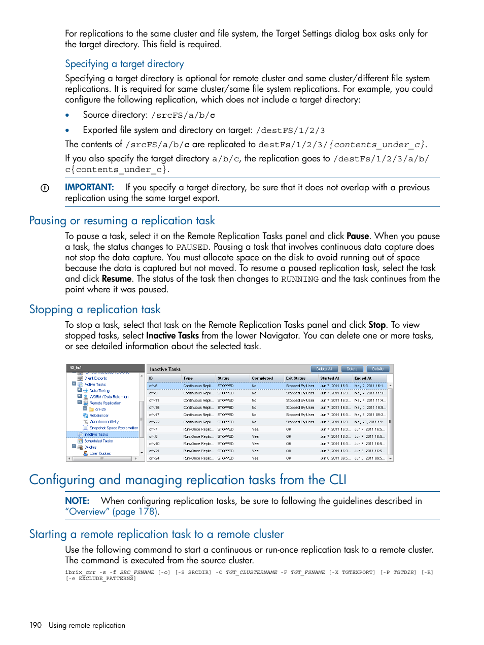 Pausing or resuming a replication task, Stopping a replication task | HP StoreAll Storage User Manual | Page 190 / 294