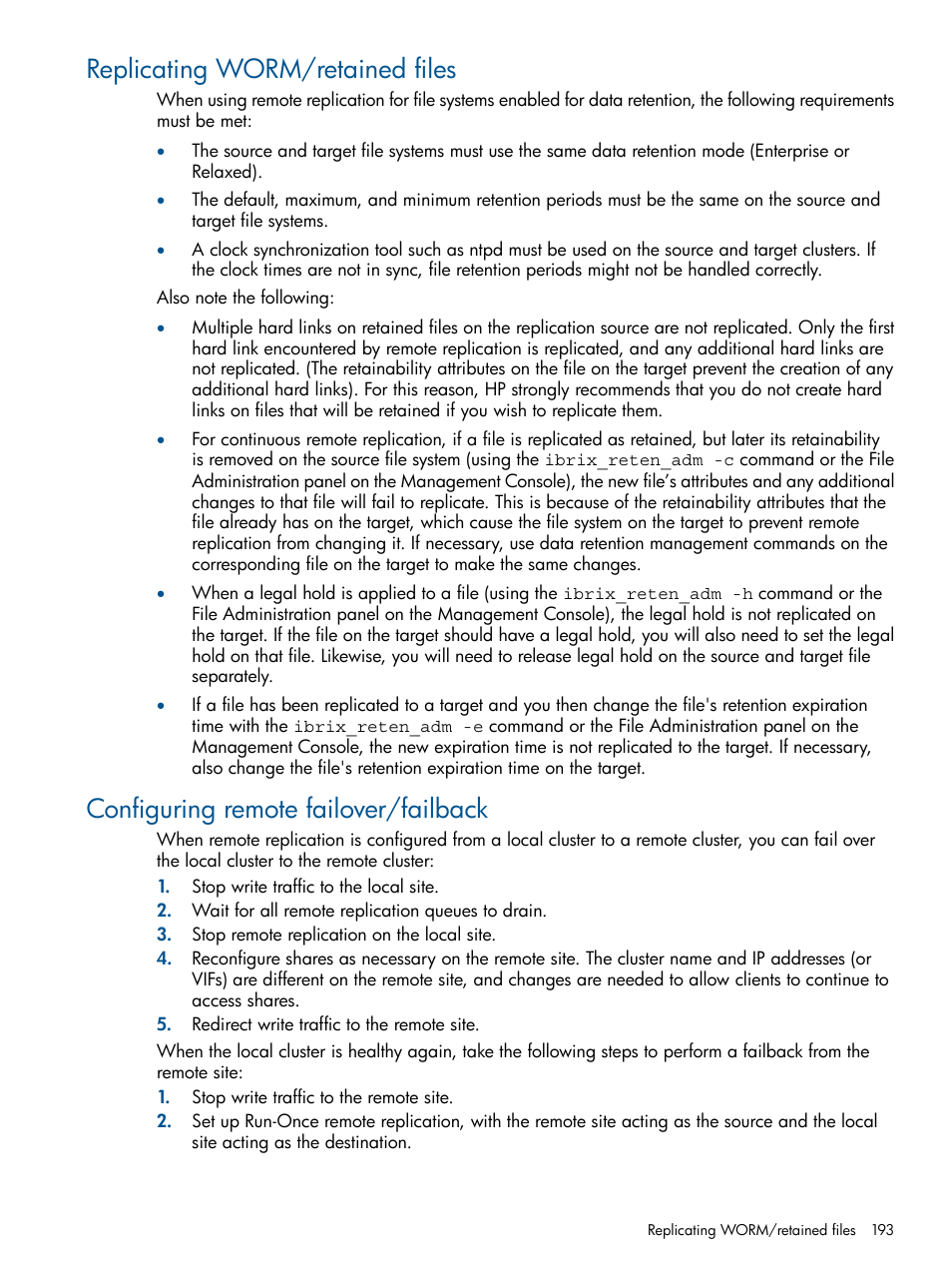 Replicating worm/retained files, Configuring remote failover/failback | HP StoreAll Storage User Manual | Page 193 / 294