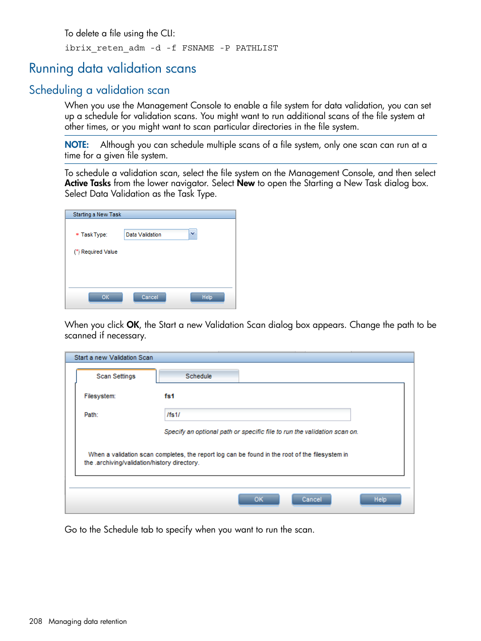 Running data validation scans, Scheduling a validation scan | HP StoreAll Storage User Manual | Page 208 / 294