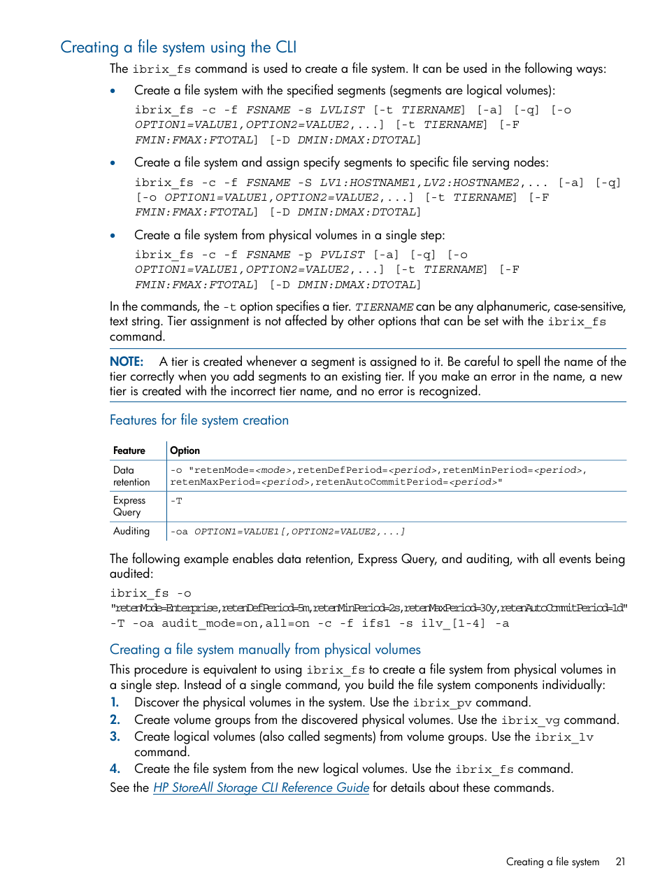 Creating a file system using the cli | HP StoreAll Storage User Manual | Page 21 / 294