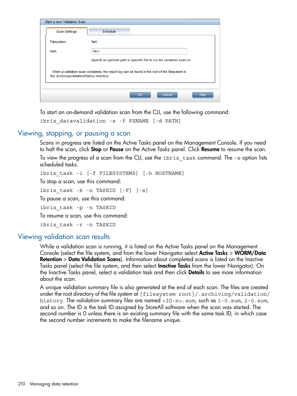 Viewing, stopping, or pausing a scan, Viewing validation scan results | HP StoreAll Storage User Manual | Page 210 / 294