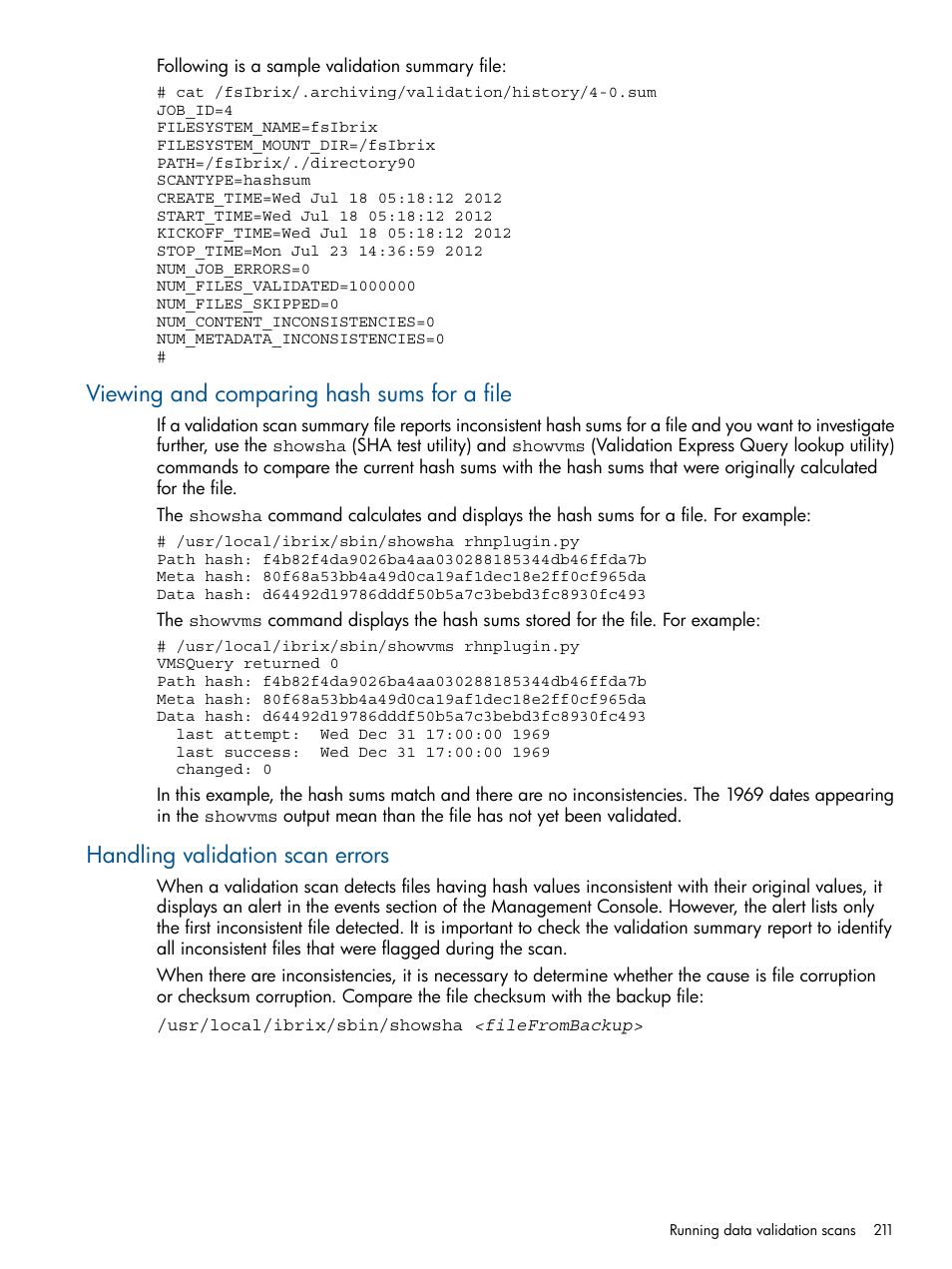 Viewing and comparing hash sums for a file, Handling validation scan errors | HP StoreAll Storage User Manual | Page 211 / 294