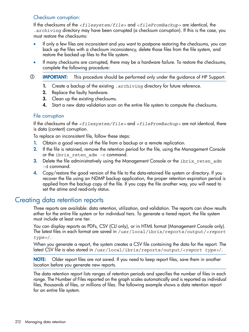 Creating data retention reports | HP StoreAll Storage User Manual | Page 212 / 294