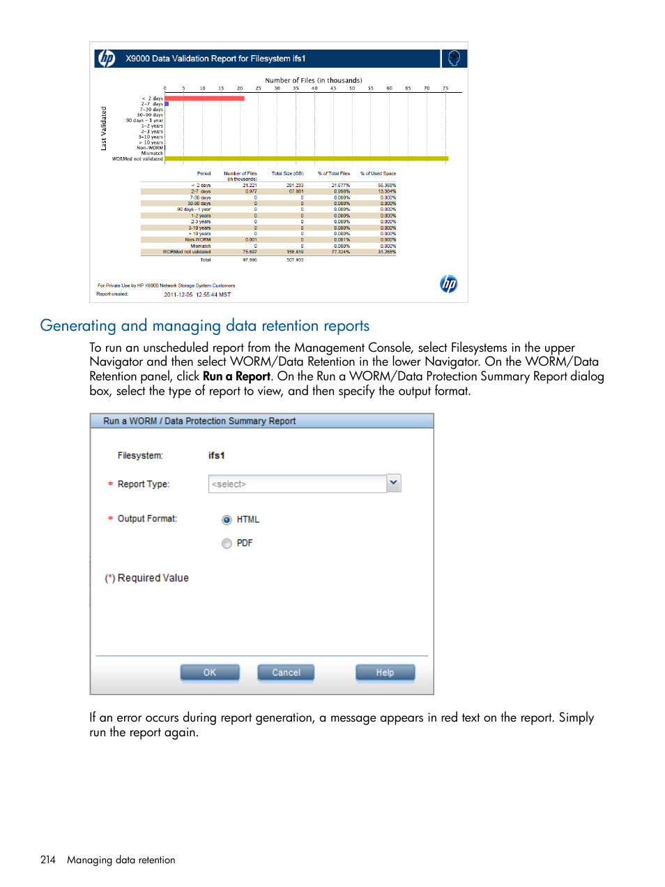 Generating and managing data retention reports | HP StoreAll Storage User Manual | Page 214 / 294