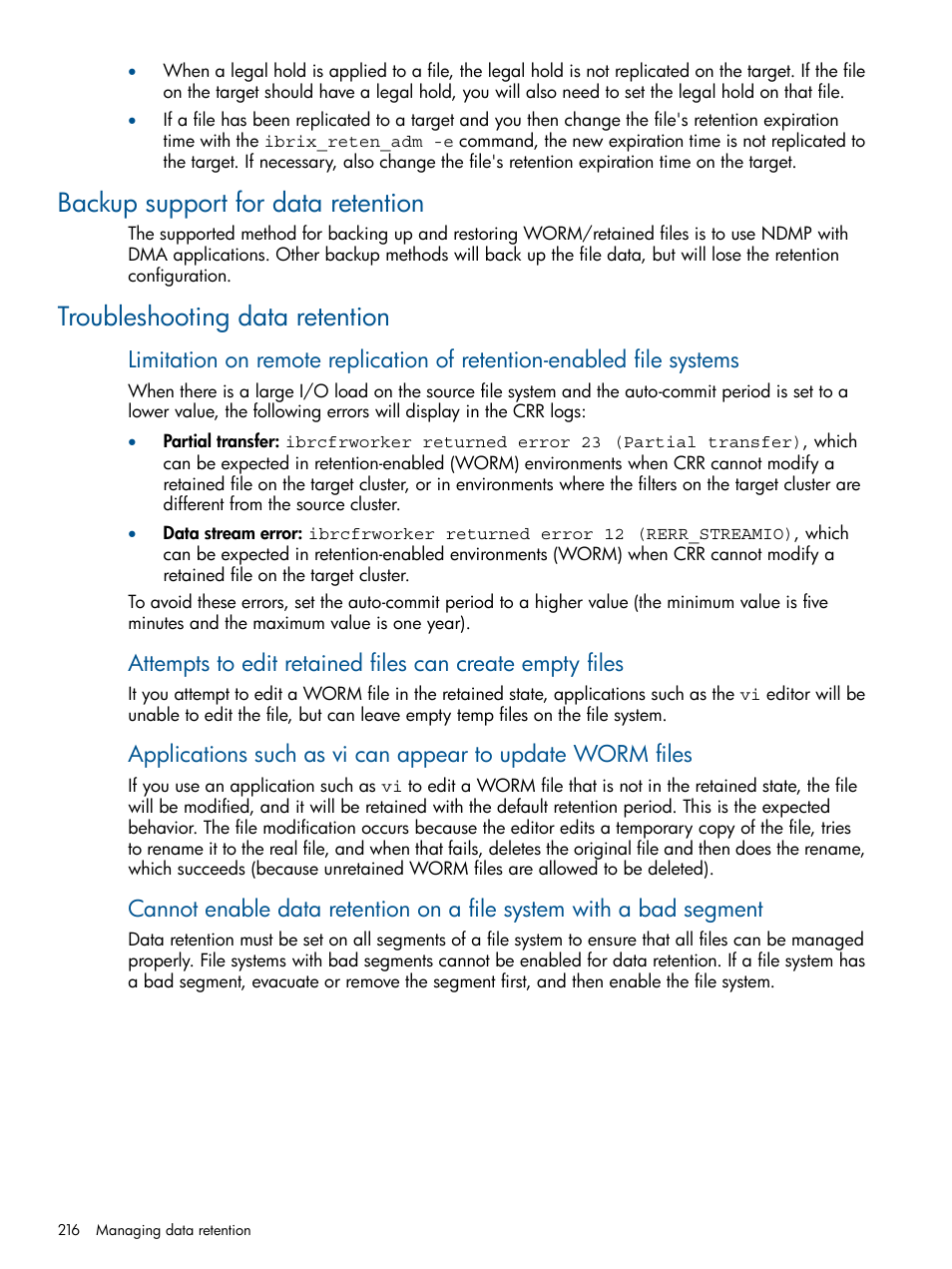Backup support for data retention, Troubleshooting data retention | HP StoreAll Storage User Manual | Page 216 / 294