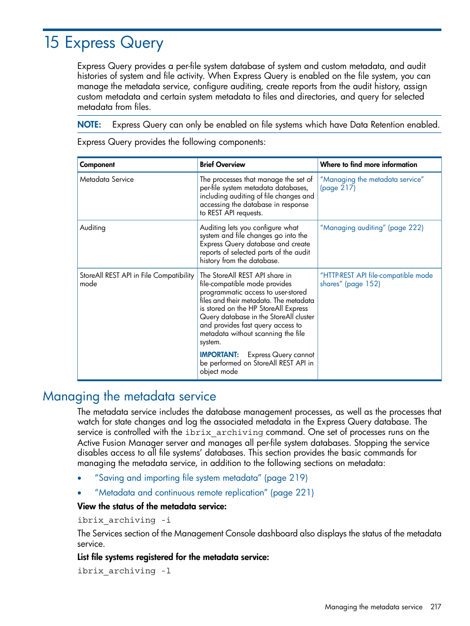 15 express query, Managing the metadata service | HP StoreAll Storage User Manual | Page 217 / 294