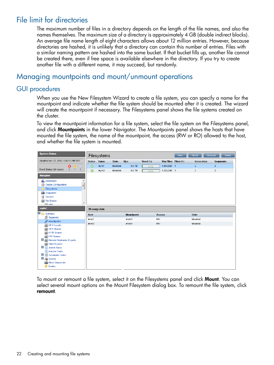 File limit for directories, Managing mountpoints and mount/unmount operations, Gui procedures | HP StoreAll Storage User Manual | Page 22 / 294