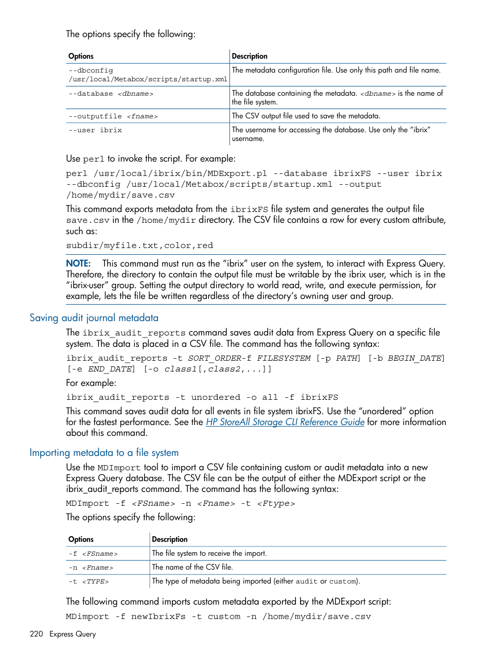 Saving audit journal metadata, Importing metadata to a file system, Importing | HP StoreAll Storage User Manual | Page 220 / 294