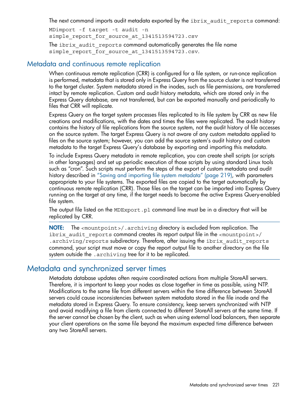 Metadata and continuous remote replication, Metadata and synchronized server times | HP StoreAll Storage User Manual | Page 221 / 294