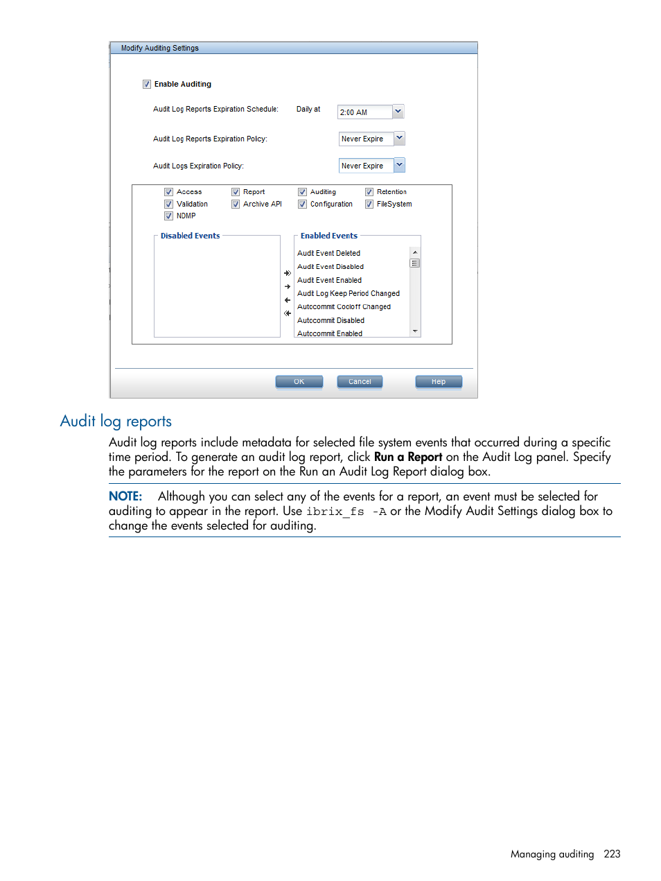 Audit log reports, Audit | HP StoreAll Storage User Manual | Page 223 / 294