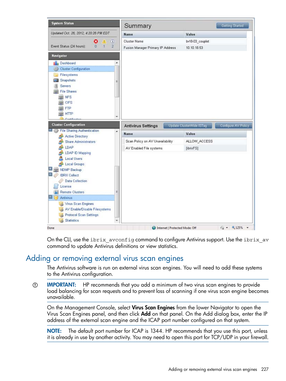 Adding or removing external virus scan engines | HP StoreAll Storage User Manual | Page 227 / 294