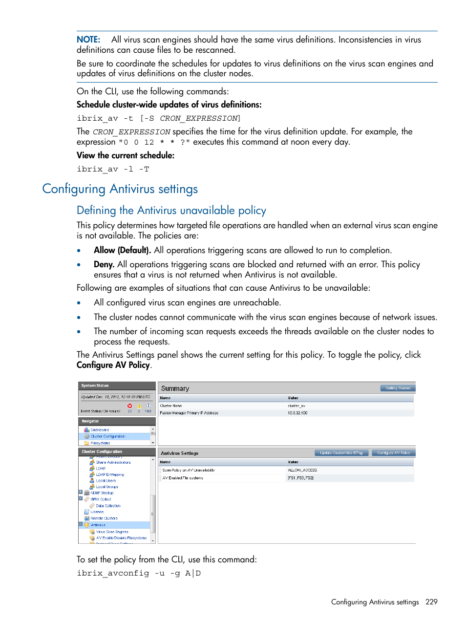 Configuring antivirus settings, Defining the antivirus unavailable policy | HP StoreAll Storage User Manual | Page 229 / 294