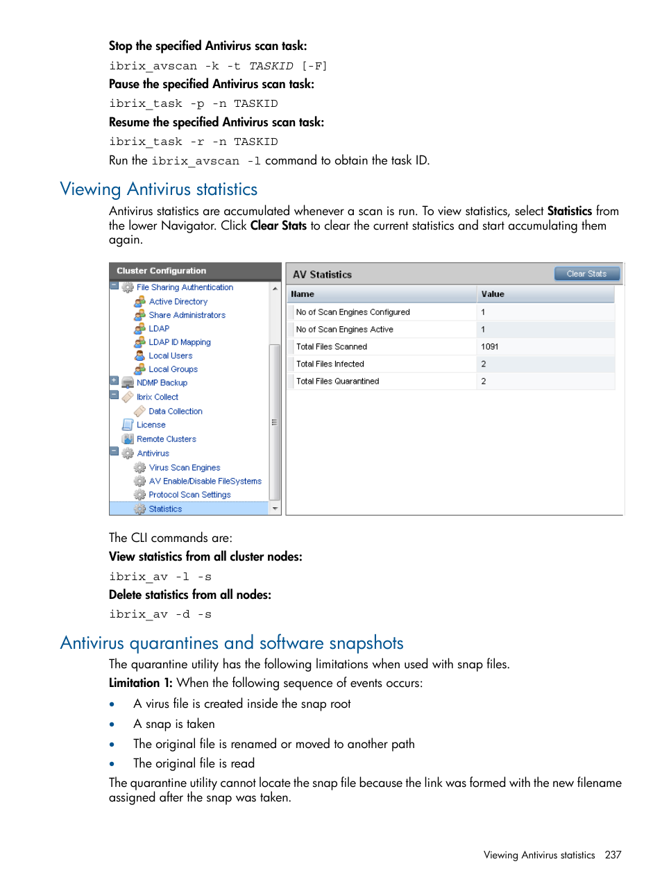 Viewing antivirus statistics, Antivirus quarantines and software snapshots | HP StoreAll Storage User Manual | Page 237 / 294