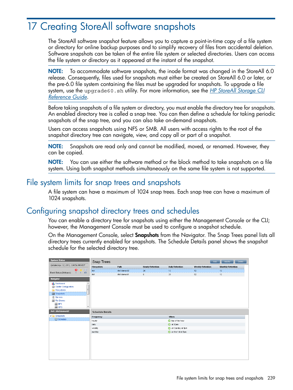 17 creating storeall software snapshots, File system limits for snap trees and snapshots, Configuring snapshot directory trees and schedules | HP StoreAll Storage User Manual | Page 239 / 294