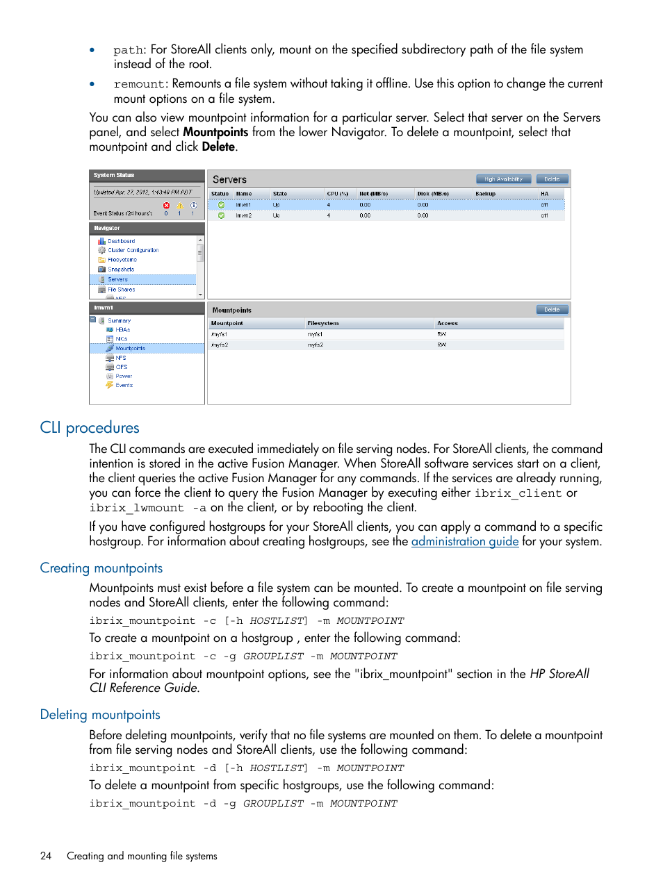 Cli procedures, Creating mountpoints, Deleting mountpoints | HP StoreAll Storage User Manual | Page 24 / 294