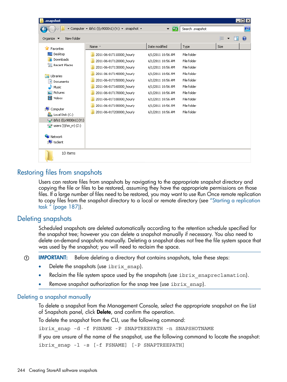 Restoring files from snapshots, Deleting snapshots, Deleting a snapshot manually | Restoring files from snapshots deleting snapshots | HP StoreAll Storage User Manual | Page 244 / 294