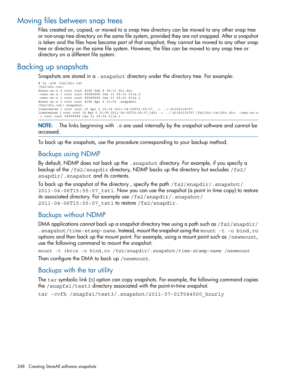 Moving files between snap trees, Backing up snapshots, Backups using ndmp | Backups without ndmp, Backups with the tar utility | HP StoreAll Storage User Manual | Page 248 / 294