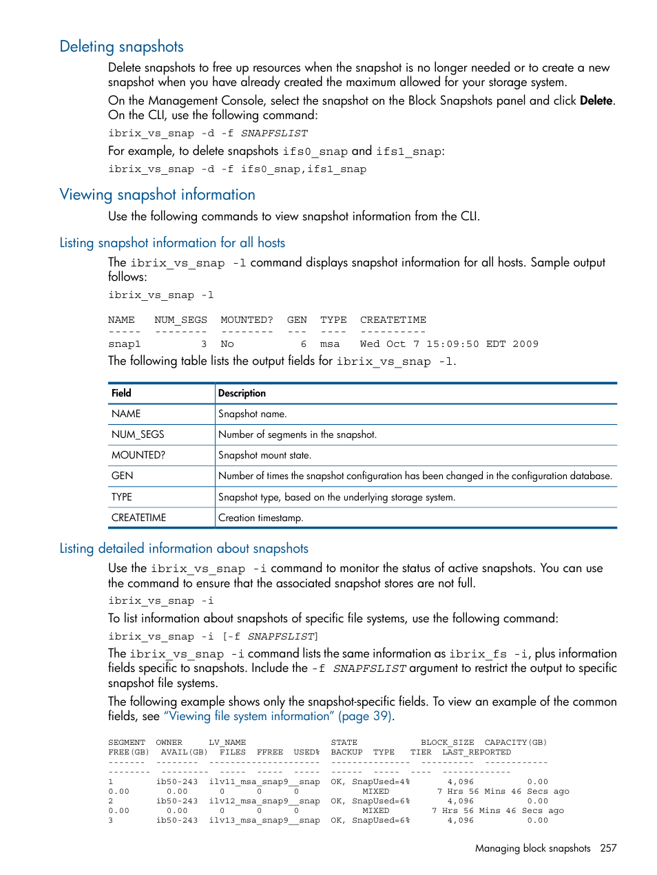 Deleting snapshots, Viewing snapshot information, Listing snapshot information for all hosts | Listing detailed information about snapshots, Deleting snapshots viewing snapshot information | HP StoreAll Storage User Manual | Page 257 / 294