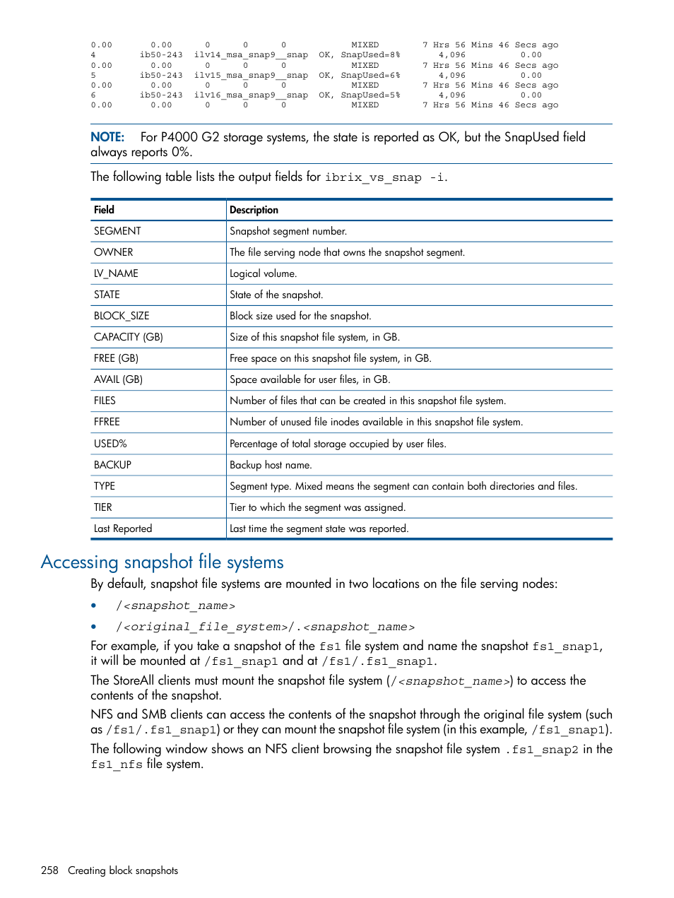 Accessing snapshot file systems | HP StoreAll Storage User Manual | Page 258 / 294
