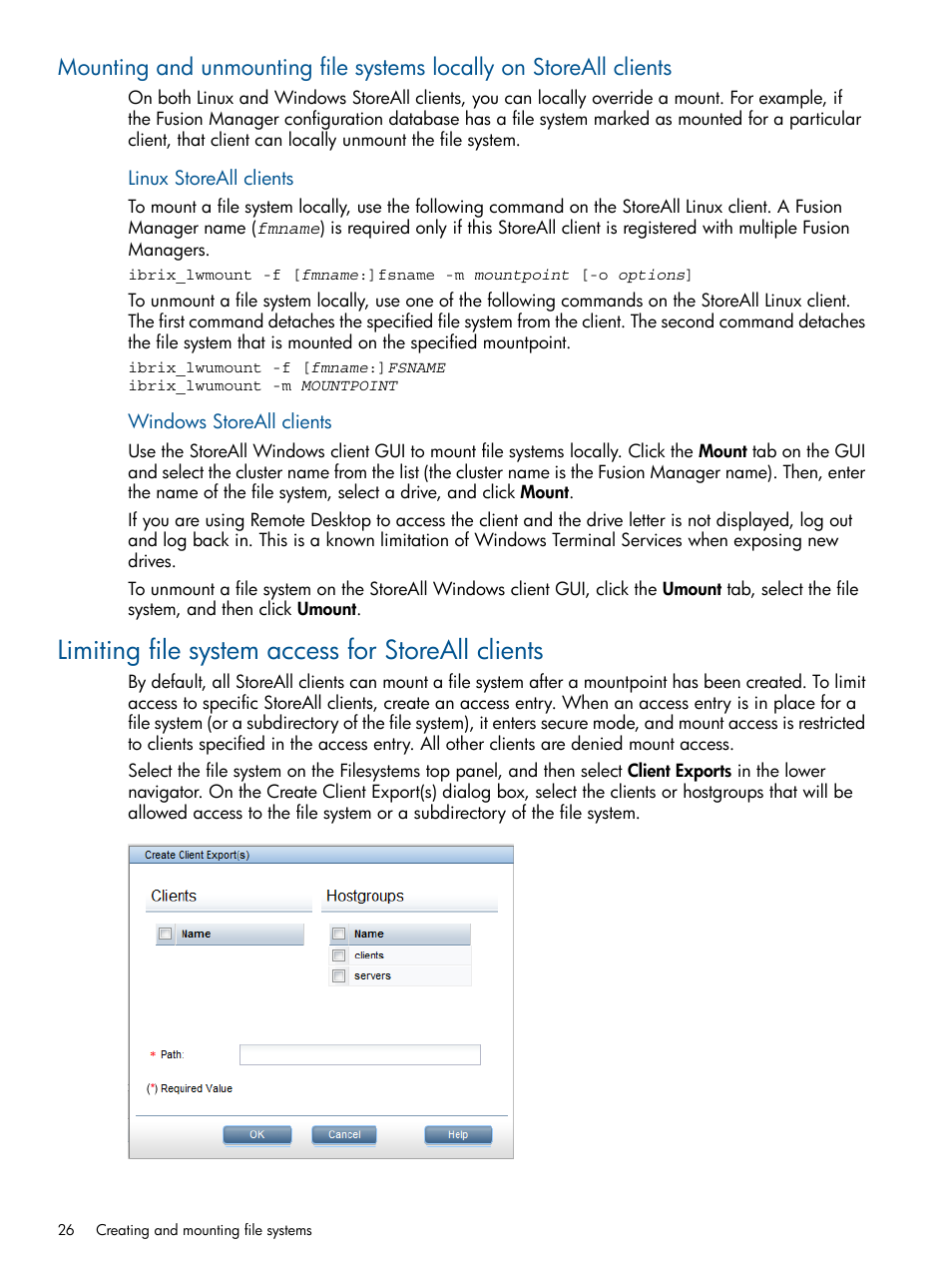 Limiting file system access for storeall clients | HP StoreAll Storage User Manual | Page 26 / 294