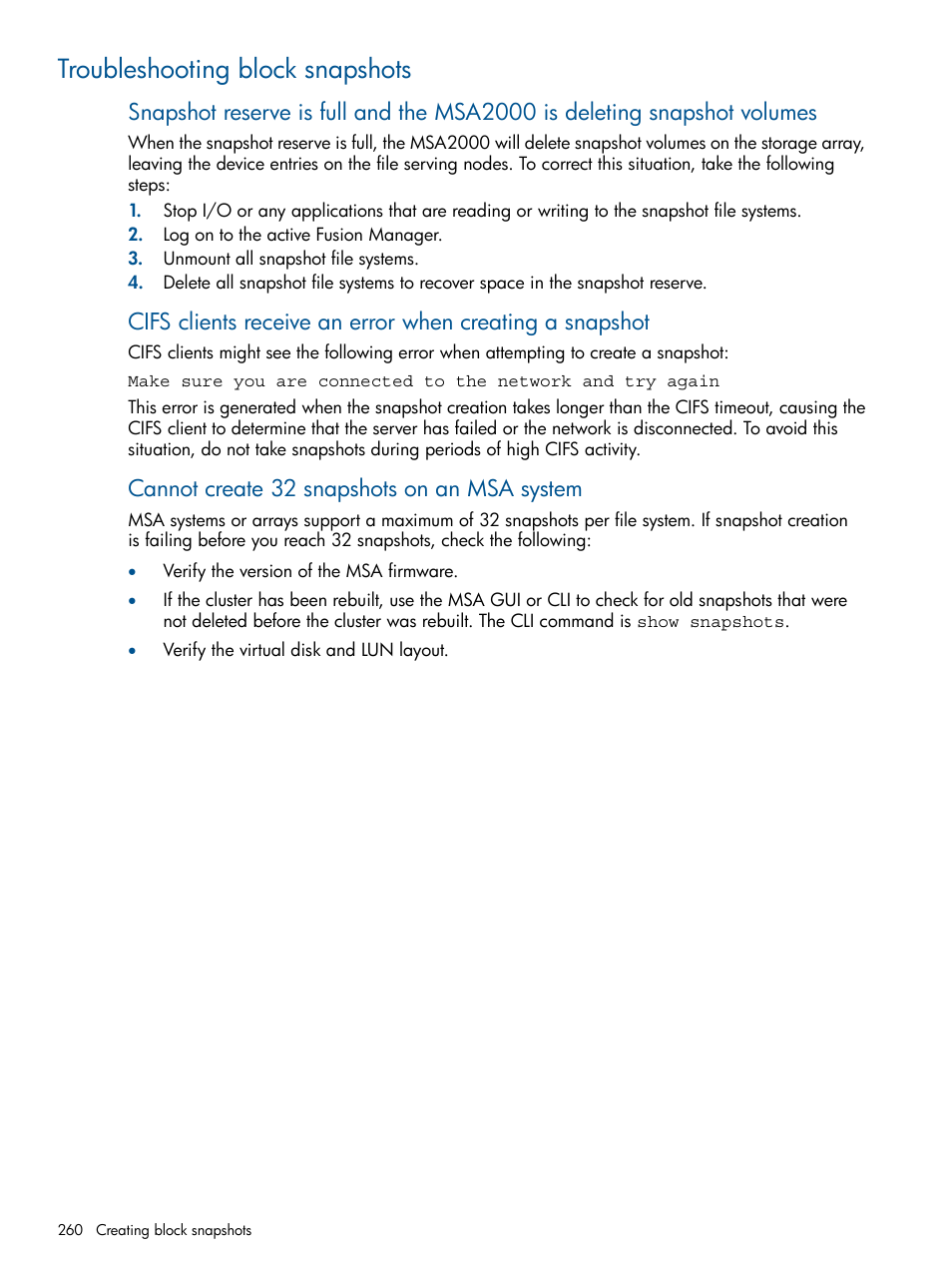 Troubleshooting block snapshots, Cannot create 32 snapshots on an msa system | HP StoreAll Storage User Manual | Page 260 / 294