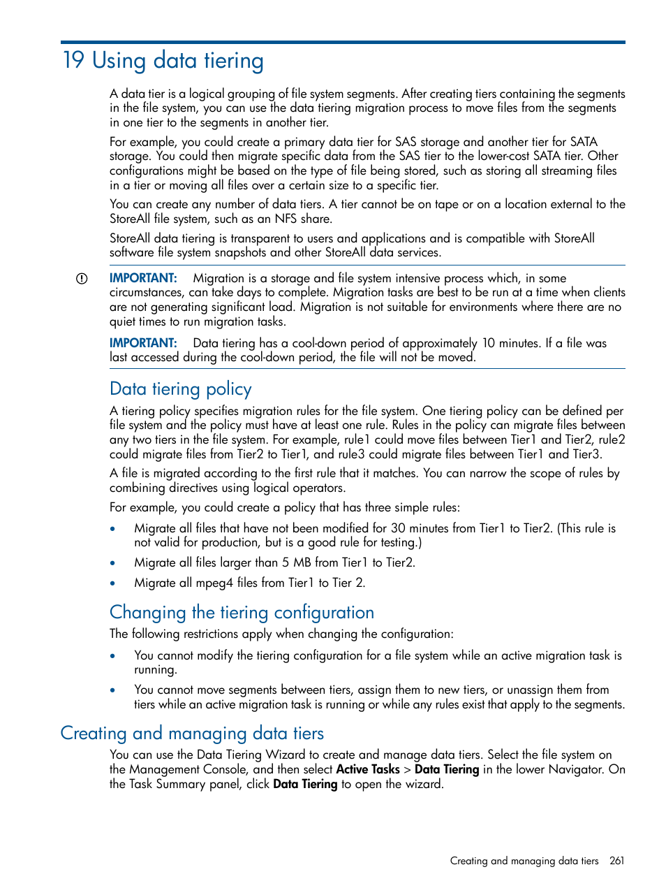 19 using data tiering, Creating and managing data tiers, Using | Data tiering policy, Changing the tiering configuration | HP StoreAll Storage User Manual | Page 261 / 294