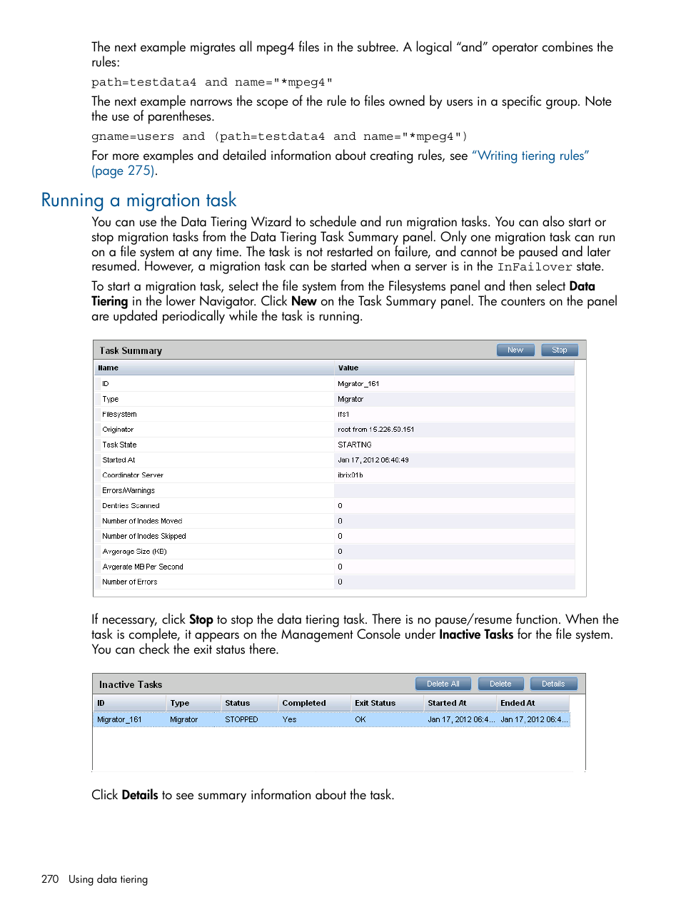 Running a migration task | HP StoreAll Storage User Manual | Page 270 / 294
