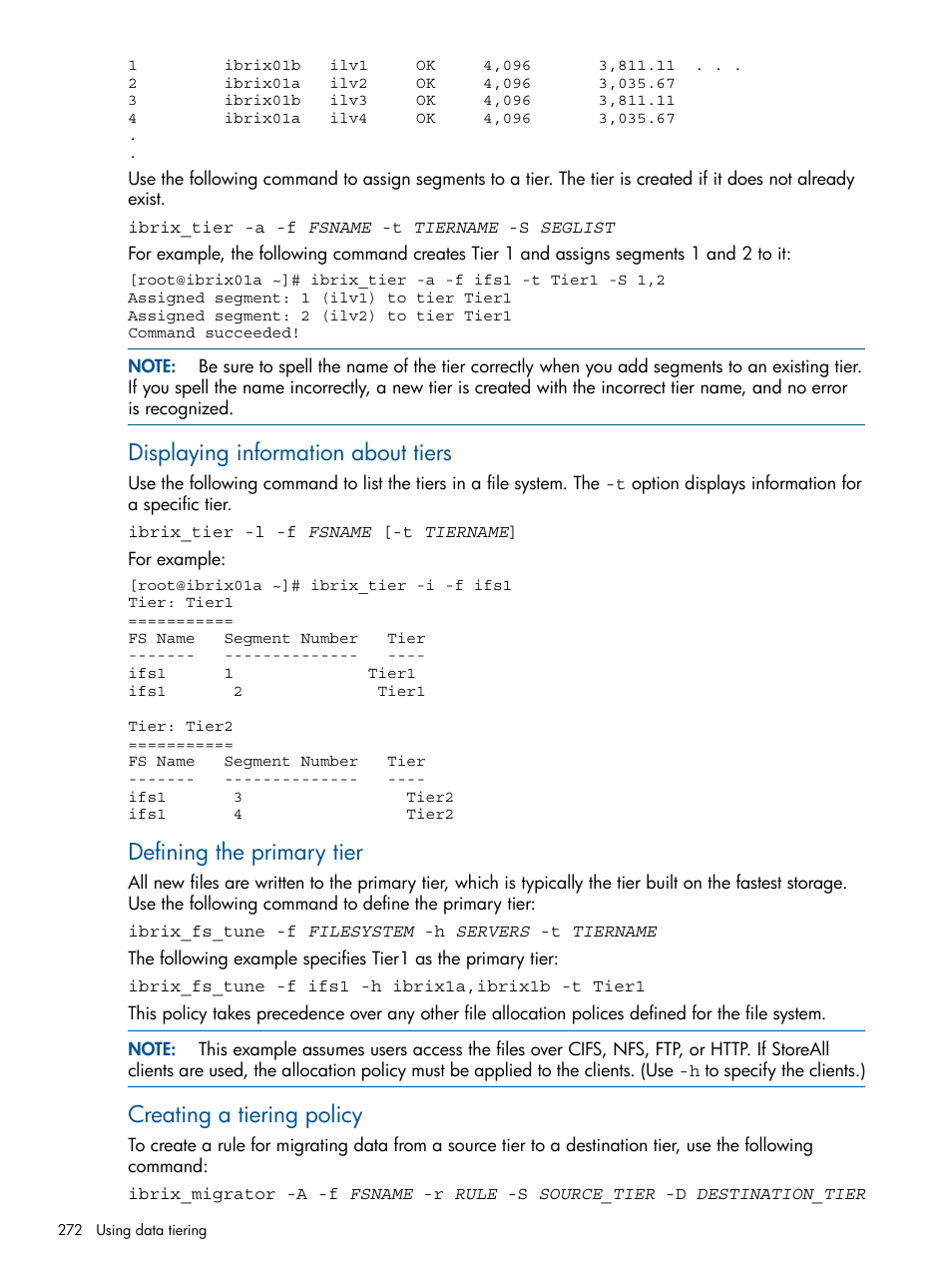 Displaying information about tiers, Defining the primary tier, Creating a tiering policy | HP StoreAll Storage User Manual | Page 272 / 294